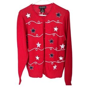 All Points Knit Cardigan w/ Appliqué Stars on Front Red White Blue Fabric Button